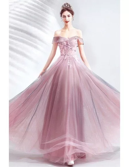 Gorgeous Purple Pink Tulle Strapless Prom Dress With Petals Flowers