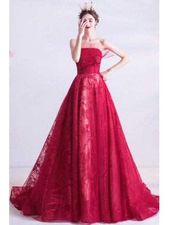 Strapless Burgundy Sequins Formal Long Prom Dress With Train