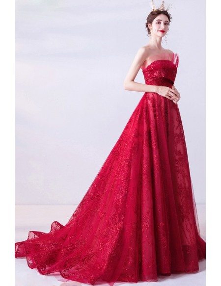 Strapless Burgundy Sequins Formal Long Prom Dress With Train