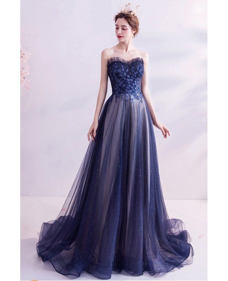 Mistery Navy Blue Bling Sequins Tulle Prom Dress Strapless Wholesale # ...