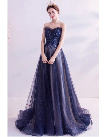 Mistery Navy Blue Bling Sequins Tulle Prom Dress Strapless
