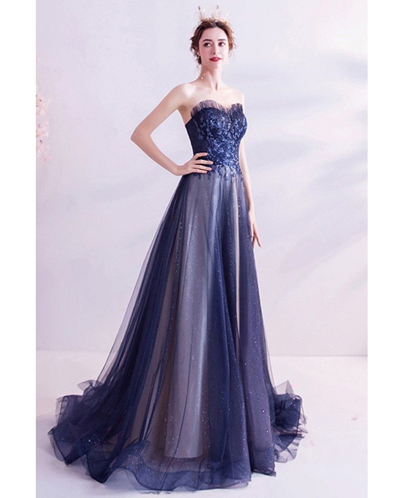 Mistery Navy Blue Bling Sequins Tulle Prom Dress Strapless Wholesale # ...