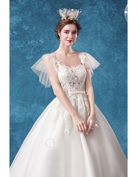 Princess Ballgown Tulle Wedding Dress Lace Top With Puffy Sleeves