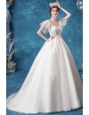 Princess Ballgown Tulle Wedding Dress Lace Top With Puffy Sleeves
