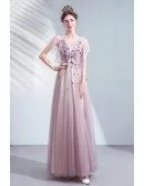 Pretty Dusty Purple Aline Long Tulle Prom Dress With Puffy Sleeves