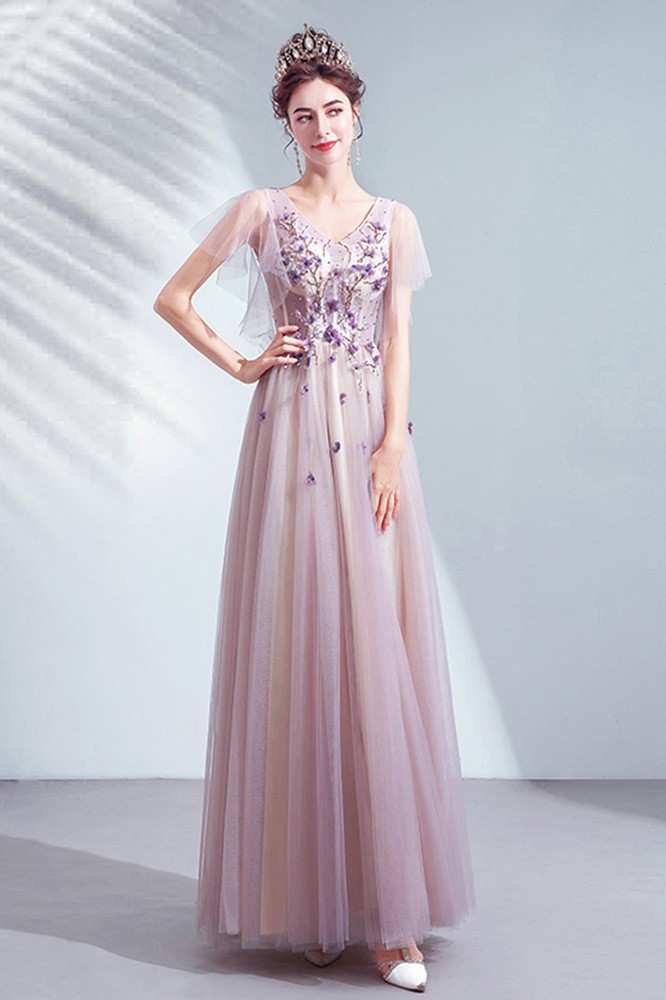 Pretty Dusty Purple Aline Long Tulle Prom Dress With Puffy Sleeves ...