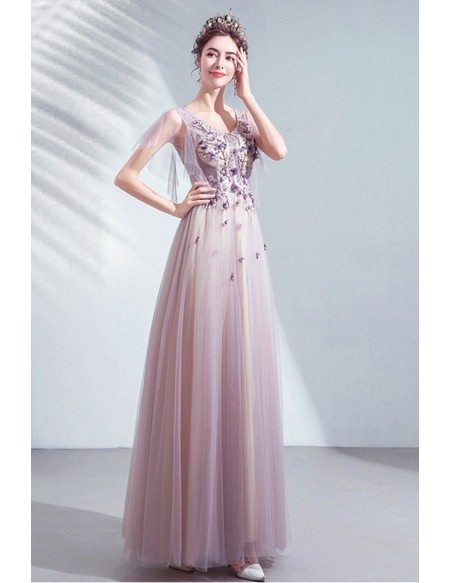 Pretty Dusty Purple Aline Long Tulle Prom Dress With Puffy Sleeves