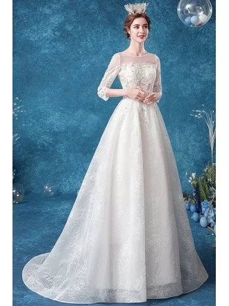 Modest Lace Sheer Neckline Winter Wedding Dress With Lace Sleeves