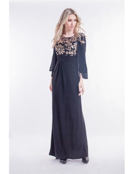 Elegant Black A-Line Chiffon Embroidered Dress