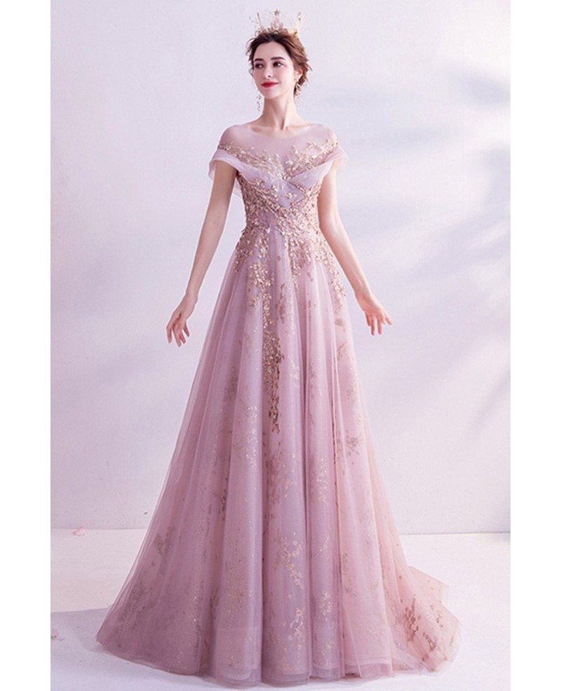 Pink With Bling Gold Sequins Gorgeous Prom Dress With Illusion Neckline ...