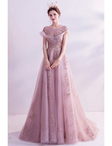 Pink With Bling Gold Sequins Gorgeous Prom Dress With Illusion Neckline