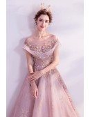 Pink With Bling Gold Sequins Gorgeous Prom Dress With Illusion Neckline
