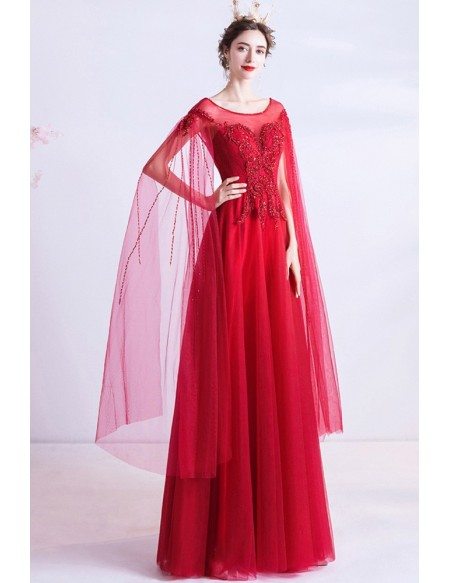 Flowy Aline Burgundy Long Formal Prom Dress With Fairy Cape Sleeves