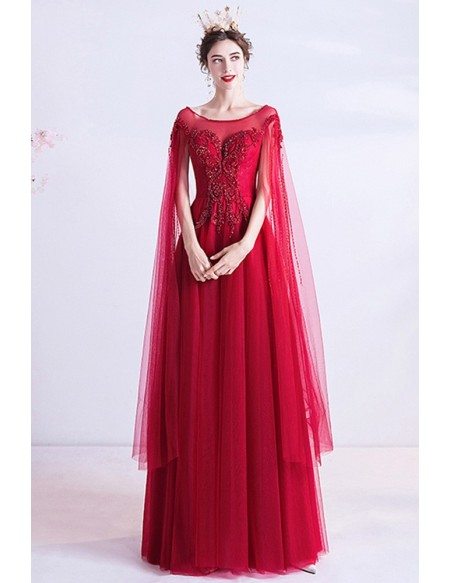 Flowy Aline Burgundy Long Formal Prom Dress With Fairy Cape Sleeves