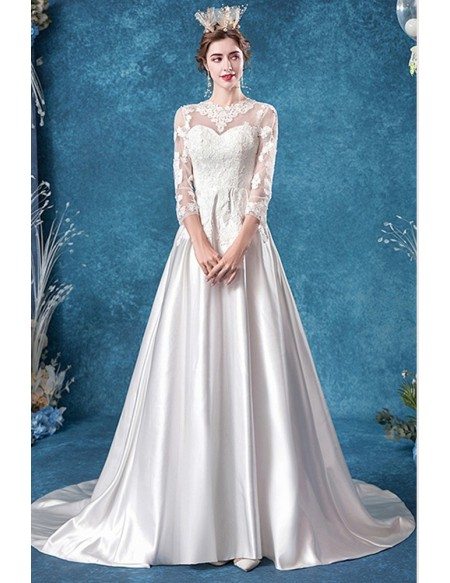 Satin Lace Sleeve Modest Wedding Dress With 3/4 Sleeves