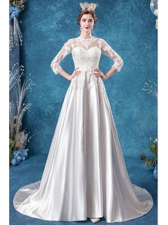 Satin Lace Sleeve Modest Wedding Dress With 3/4 Sleeves