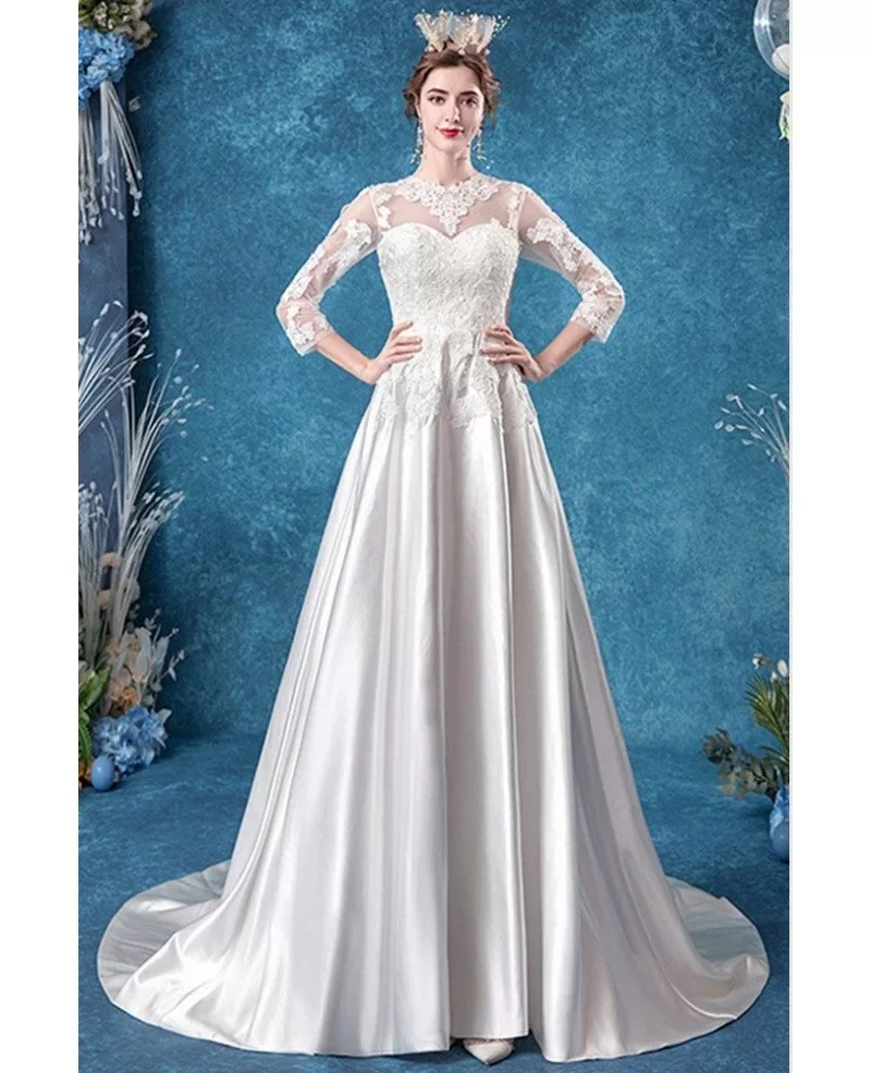 Satin Lace Sleeve Modest Wedding Dress With 3/4 Sleeves Wholesale # ...