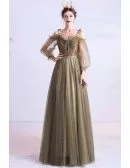 Olive Green Aline Long Tulle Elegant Prom Dress With Lantern Sleeves
