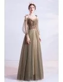 Olive Green Aline Long Tulle Elegant Prom Dress With Lantern Sleeves