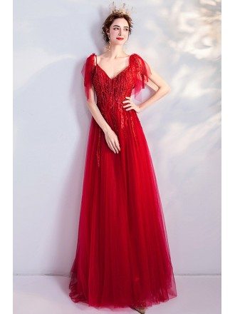 Red Tulle Aline Long Prom Dress With Straps