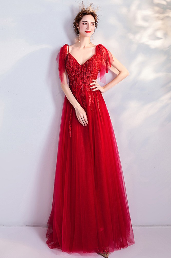 Red Tulle Aline Long Prom Dress With Straps Wholesale #T16007 ...
