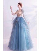 Unique Ballgown Tulle Puffy Big Prom Dress Vneck With Sequins