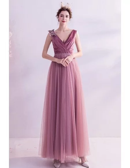 Elegant Rose Pink Vneck Aline Long Prom Dress With Butterflies
