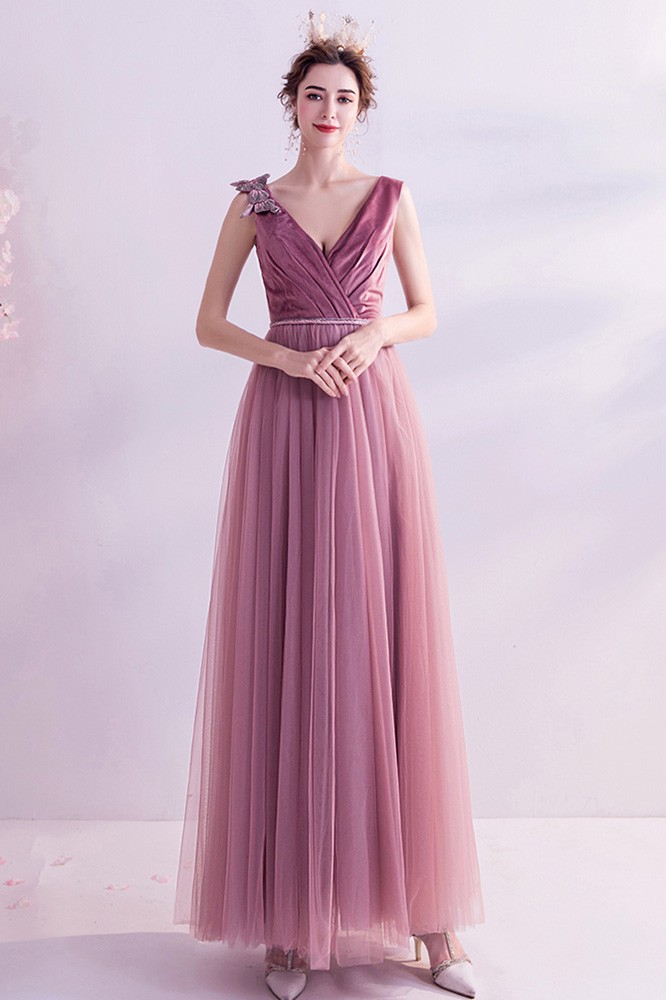 Elegant Rose Pink Vneck Aline Long Prom Dress With Butterflies ...