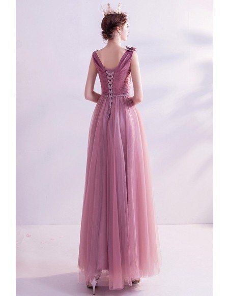 Elegant Rose Pink Vneck Aline Long Prom Dress With Butterflies