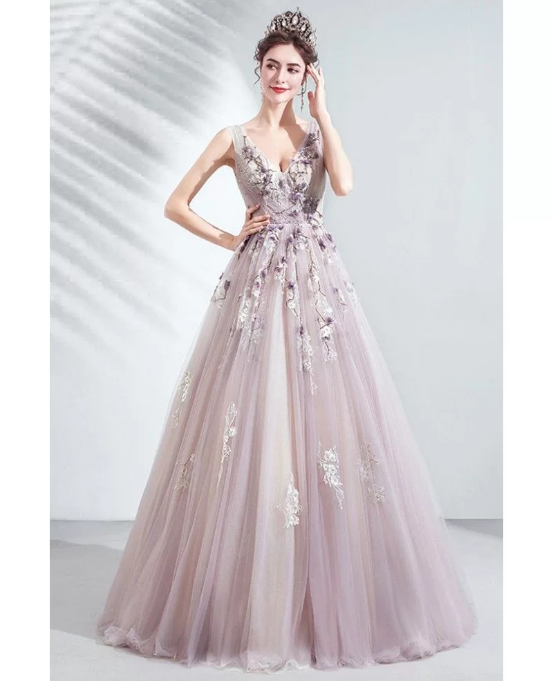 Fairy Light Purple Tulle Vneck Prom Dress With Beaded Appliques Flower ...