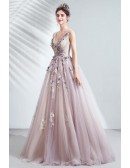Fairy Light Purple Tulle Vneck Prom Dress With Beaded Appliques Flower
