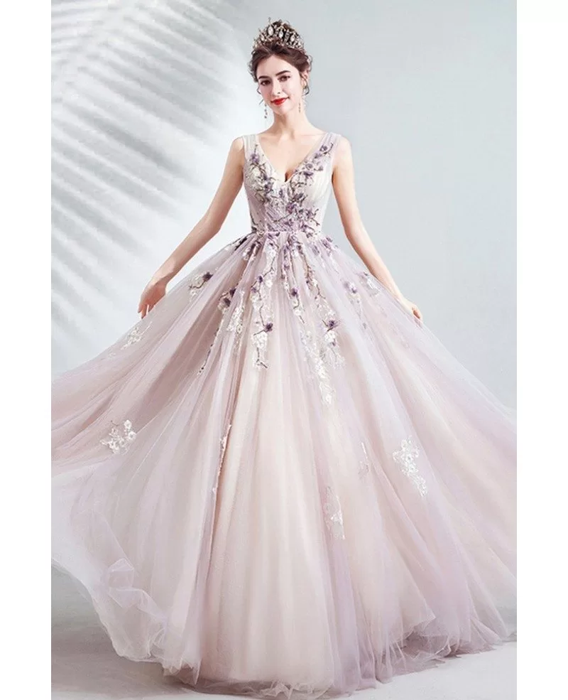 Fairy Light Purple Tulle Vneck Prom Dress With Beaded Appliques Flower ...