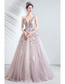 Fairy Light Purple Tulle Vneck Prom Dress With Beaded Appliques Flower