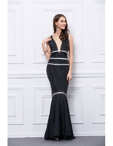 Sexy Mermaid Deep V-neck Satin Long Open Back Evening Dress With Sequins