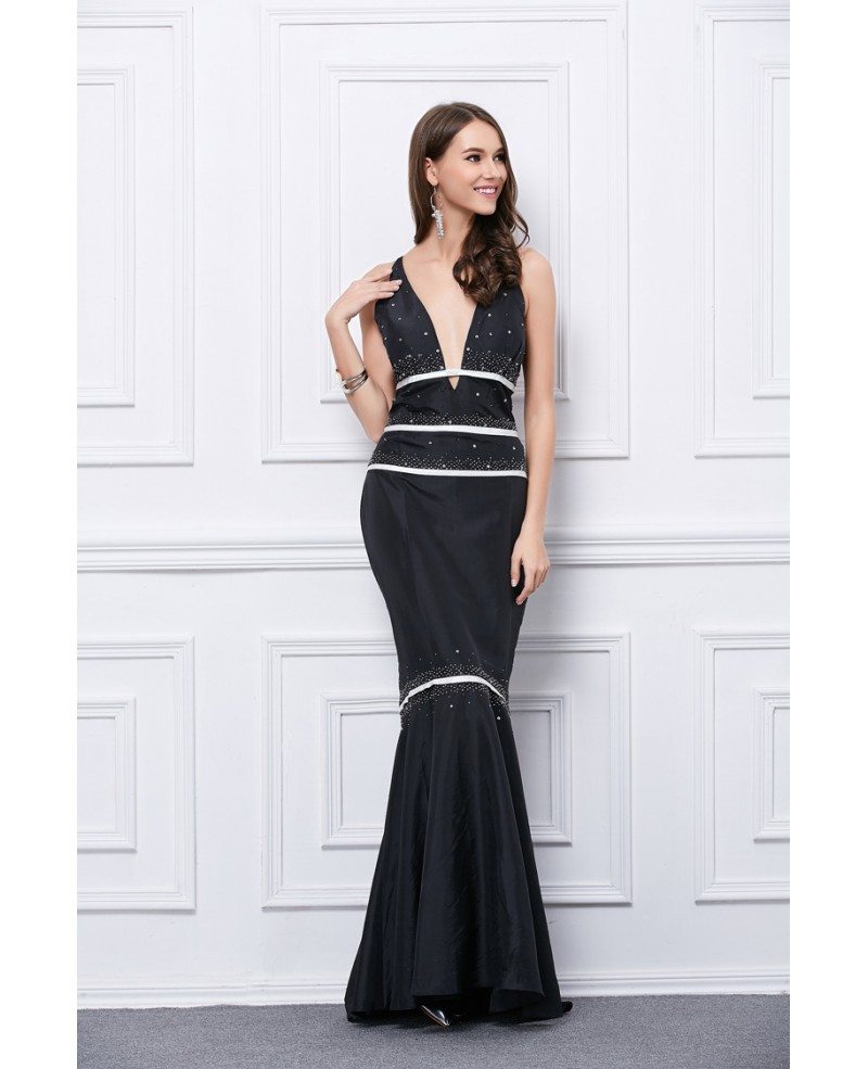 Sexy Mermaid Deep V-neck Satin Long Open Back Evening Dress With ...