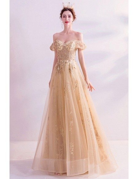 Champagne Gold Tulle Aline Party Prom Dress With Bling
