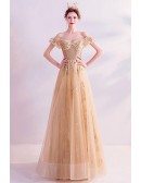 Champagne Gold Tulle Aline Party Prom Dress With Bling