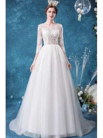 Romantic Lace Tulle Sheer Top Wedding Dress With 3/4 Sleeves