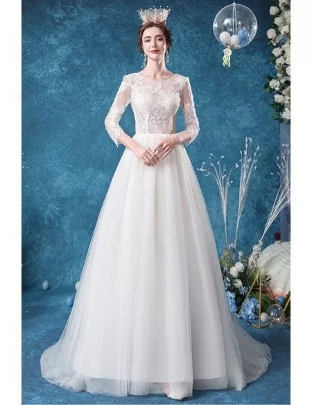 Romantic Lace Tulle Sheer Top Wedding Dress With 3/4 Sleeves