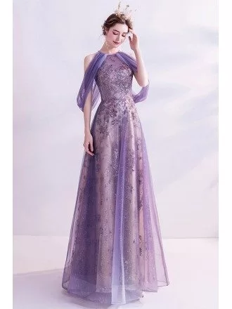 Purple Sparkly Purple Aline Long Prom Dress With Cold Shoulder