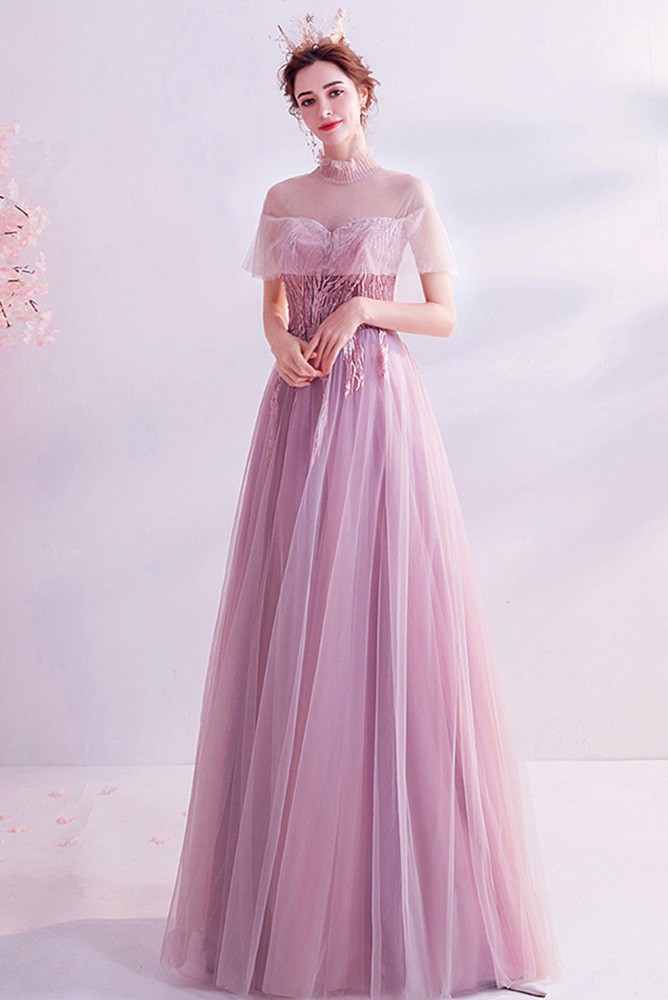 Elegant Pink Sheer Top High Collar Aline Long Tulle Prom Dress With ...