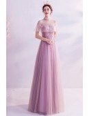Elegant Pink Sheer Top High Collar Aline Long Tulle Prom Dress With Appliques