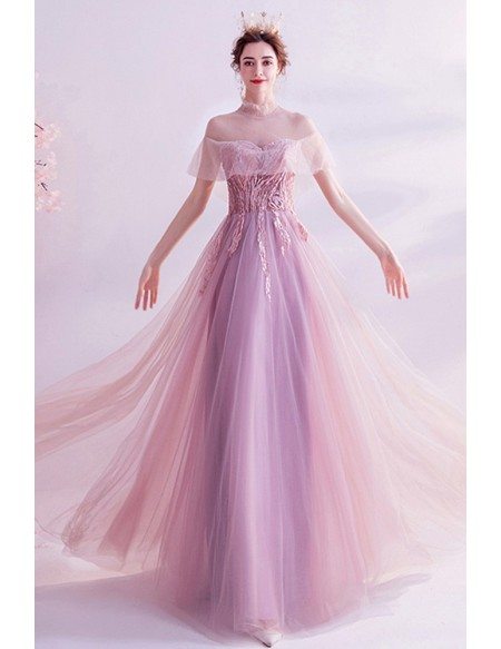 Elegant Pink Sheer Top High Collar Aline Long Tulle Prom Dress With Appliques