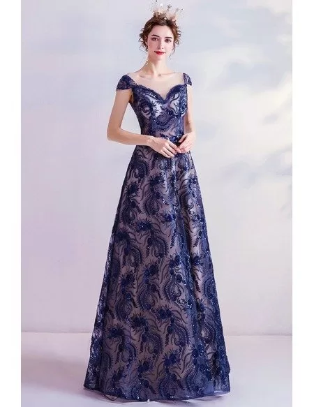 Elegant Navy Blue Sequins Aline Long Prom Dress For Formal
