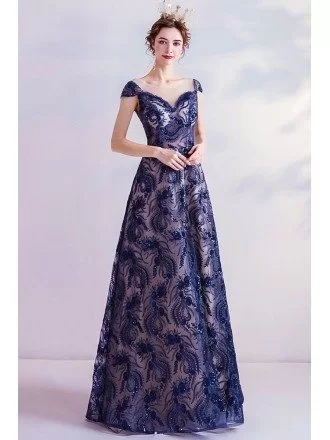 Elegant Navy Blue Sequins Aline Long Prom Dress For Formal
