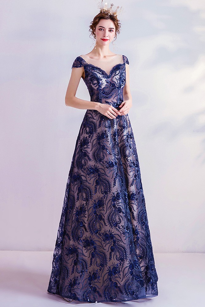 Elegant Navy Blue Sequins Aline Long Prom Dress For Formal Wholesale # ...