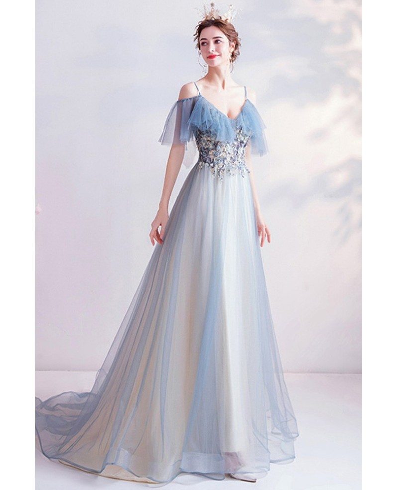 Gorgeous Light Blue Flowy Tulle Prom Dress With Beaded Flowers ...