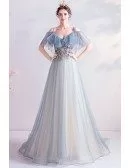 Gorgeous Light Blue Flowy Tulle Prom Dress With Beaded Flowers