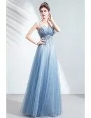 Simple Blue Bling Tulle Prom Dress With Appliques Spaghetti Straps