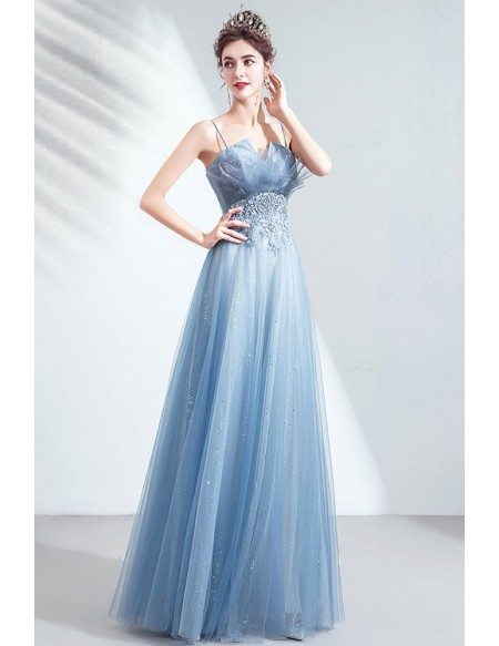 Simple Blue Bling Tulle Prom Dress With Appliques Spaghetti Straps ...